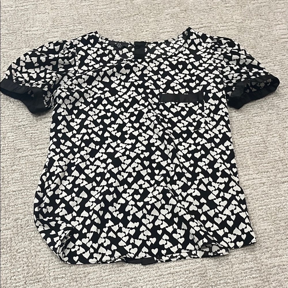 BCX Black Blouse with White Heart Print